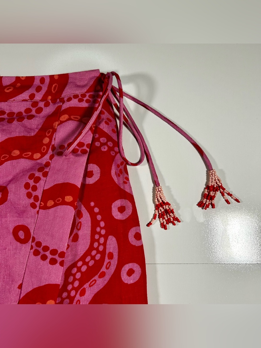 Farm Rio Octocool Linen Wrap Skirt Midi Red Pink Size S Beach Graphic Colorful - Picture 7 of 11